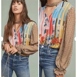 Conditions Apply Retro Peasant Blouse Medium Boho Sheer Floral Stripe